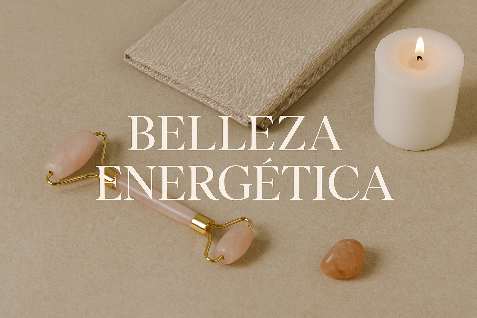 Beauty tools and candle on a beige surface with 'Belleza Energética' text.