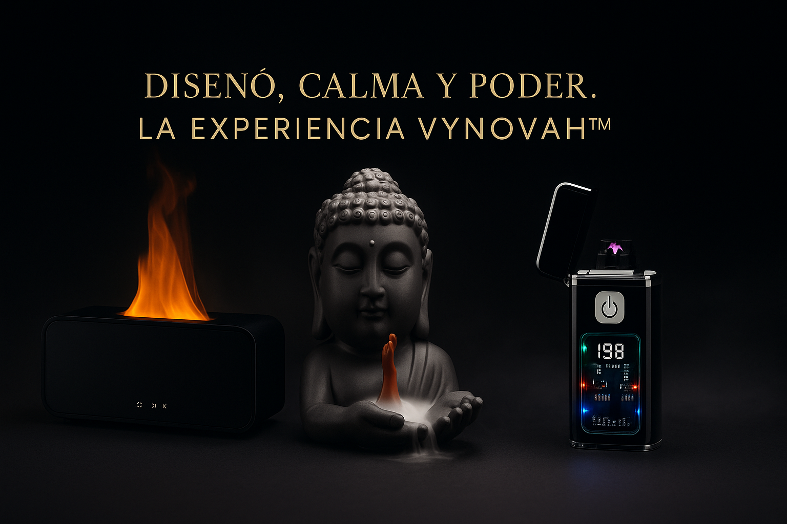 Vynovah product with Buddha statue, flame, and digital display on a dark background